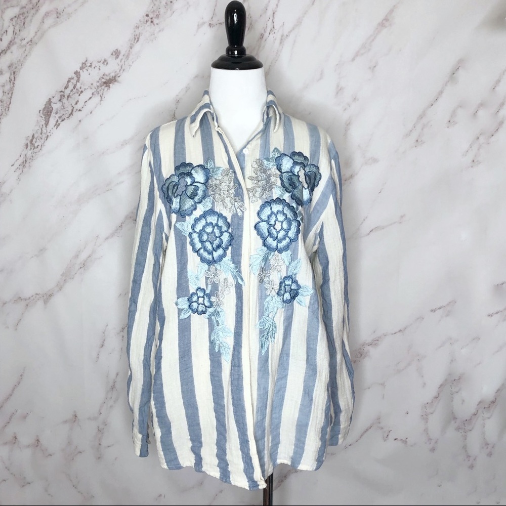 Shimo Shimo Paris Blue & Cream Striped Floral Embroidered Button Down Blouse M
